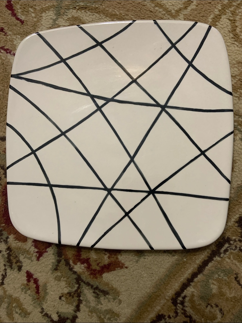 M Bagwell Mix and Match Modern White Square DinnPlate with Black Geometric Lines